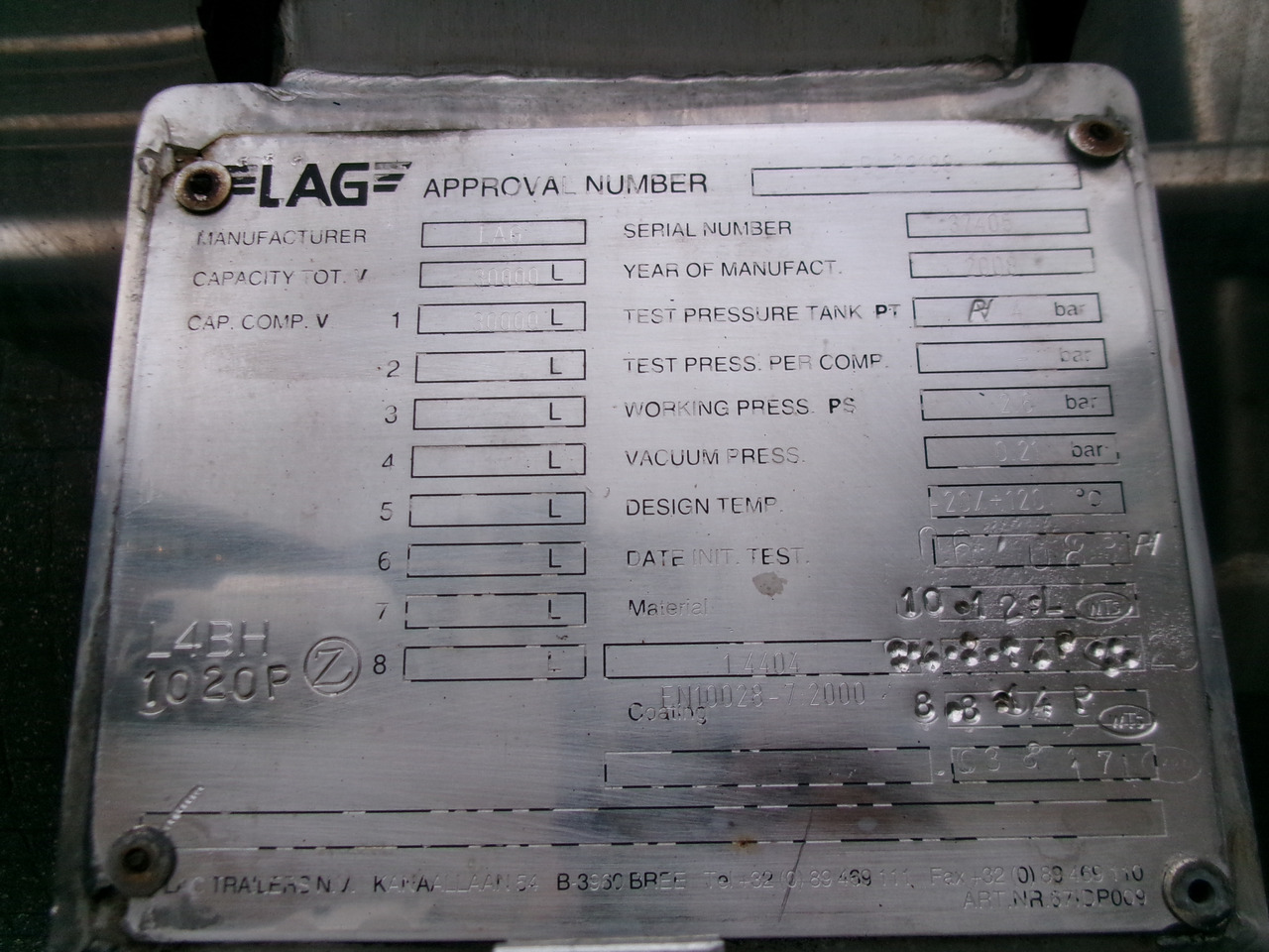 Poluprikolica cisterna za prevoz hemikalija L.A.G. Chemical tank inox L4BH 30 m3 / 1 comp + pump: slika 31