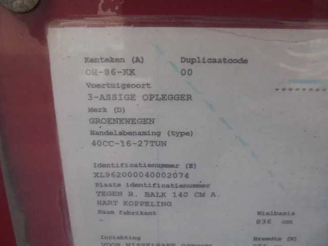 Groenewegen 40CC-16-27TUN - Poluprikolica za prevoz kontejnera/ Poluprikolica sa promenjivim sandukom: slika 4 Groenewegen 40CC-16-27TUN - Poluprikolica za prevoz kontejnera/ Poluprikolica sa promenjivim sandukom: slika 4