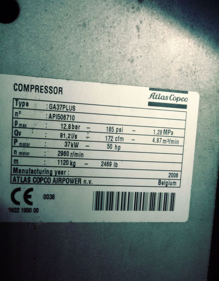 Kompresor Atlas Copco Atlas Copco GA37 Plus 2006 Kompresor sprężarka śrubowa - Kompresor za vazduh: slika 3 Kompresor Atlas Copco Atlas Copco GA37 Plus 2006 Kompresor sprężarka śrubowa - Kompresor za vazduh: slika 3