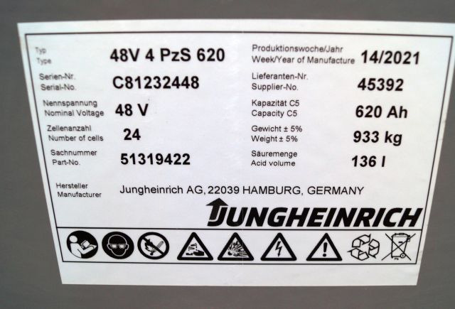 Jungheinrich unknown | Battery 48V620Ah 48 4PZS620  year 4/2021 933 kg dimension Battery 48V620Ah 48 4PZS620  year 4/2021 933 kg dimensions 83,5x52,5x78,5cm sn. C8122448 - Baterija za Oprema za rukovanje materijalima: slika 3 Jungheinrich unknown | Battery 48V620Ah 48 4PZS620  year 4/2021 933 kg dimension Battery 48V620Ah 48 4PZS620  year 4/2021 933 kg dimensions 83,5x52,5x78,5cm sn. C8122448 - Baterija za Oprema za rukovanje materijalima: slika 3