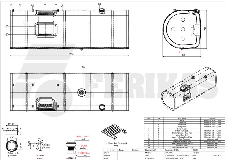 Novu Rezervoar za gorivo za Kamion Volvo New aluminum fuel tank 870L: slika 11
