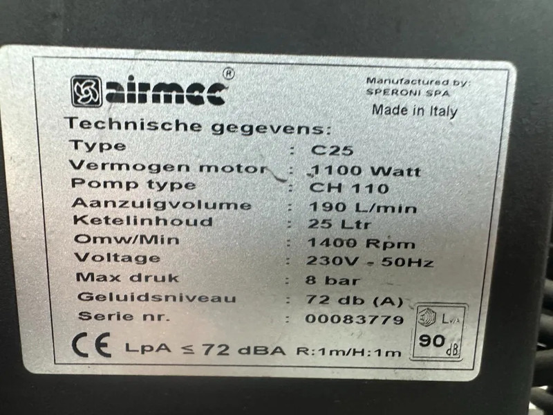 Airmec C25 Oliegesmeerde Zuigercompressor 1.65 PK 190 L / min 8 Bar Overstock - Kompresor za vazduh: slika 3 Airmec C25 Oliegesmeerde Zuigercompressor 1.65 PK 190 L / min 8 Bar Overstock - Kompresor za vazduh: slika 3