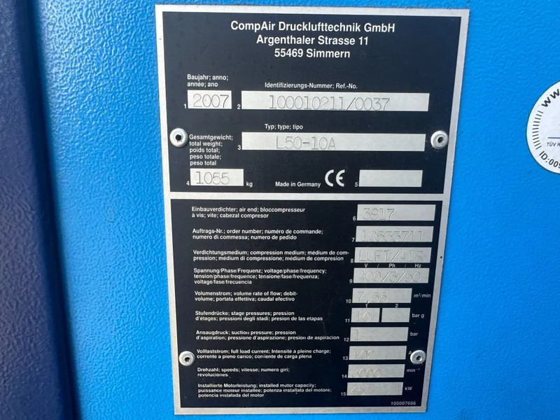 Compair L50 - 10A 45 kW 7.55 m3 / min 10 Bar Elektrische Schroefcompressor - Kompresor za vazduh: slika 2 Compair L50 - 10A 45 kW 7.55 m3 / min 10 Bar Elektrische Schroefcompressor - Kompresor za vazduh: slika 2