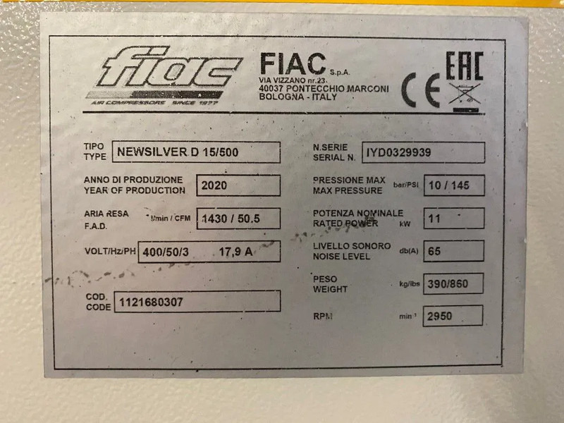 Fiac NewSilver D 15 / 500 NewSilver D 15 / 500 - 1430 L / min 11 kW 10 bar Elektrische Schroefcompressor + Droger - Kompresor za vazduh: slika 4 Fiac NewSilver D 15 / 500 NewSilver D 15 / 500 - 1430 L / min 11 kW 10 bar Elektrische Schroefcompressor + Droger - Kompresor za vazduh: slika 4