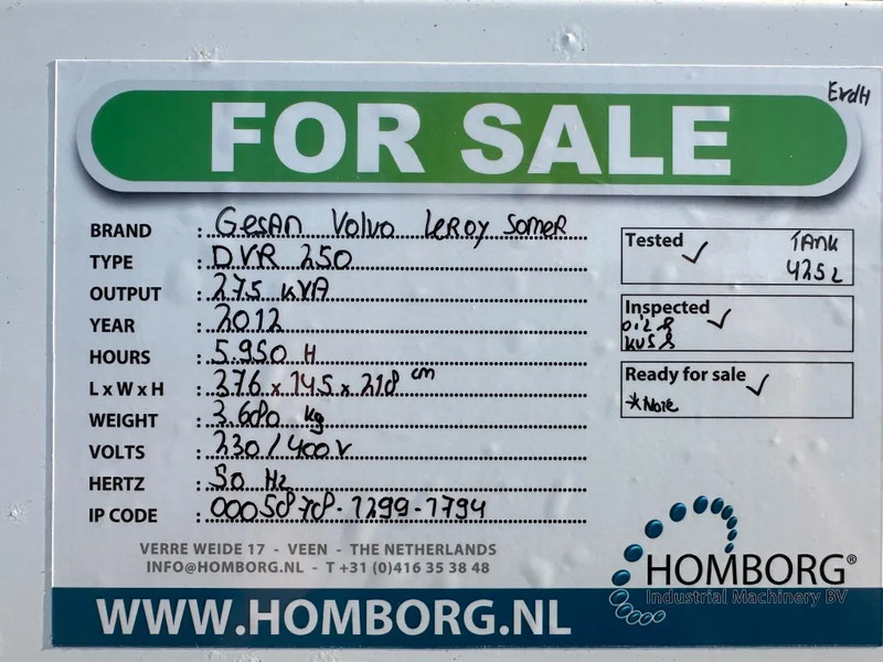 Set generatora GESAN DVR 250 Volvo leroy Somer 275 kVA Silent Rental generatorset: slika 16