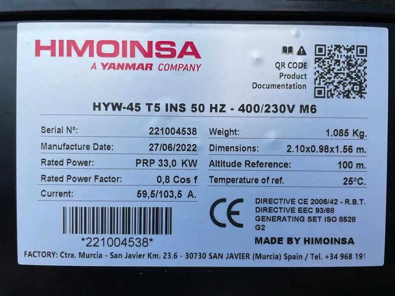 Himoinsa HYW 45 Yanmar Stamford 45 kVA Supersilent Rental generatorset as New ! - Set generatora: slika 3 Himoinsa HYW 45 Yanmar Stamford 45 kVA Supersilent Rental generatorset as New ! - Set generatora: slika 3