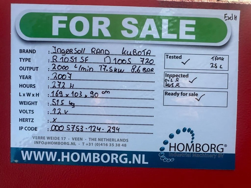 Kompresor za vazduh Ingersoll Rand 720 R1051SF Kubota D1005 Diesel Compressor 2000 L / min 17.5 kW 8.6 Bar: slika 15 Kompresor za vazduh Ingersoll Rand 720 R1051SF Kubota D1005 Diesel Compressor 2000 L / min 17.5 kW 8.6 Bar: slika 15